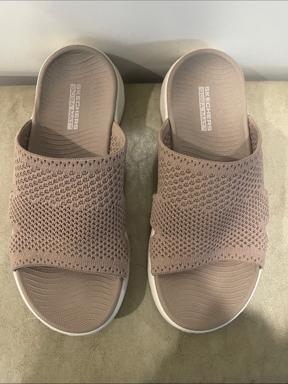 Skechers Women's Knit Slide Sandals in Taupe